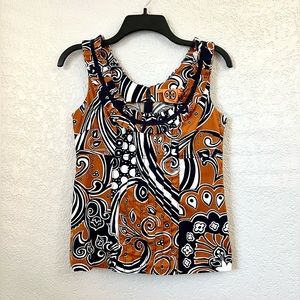 Tory Burch Floral Blue Brown Ruffled Sleeveless Tank Top Casual Blouse